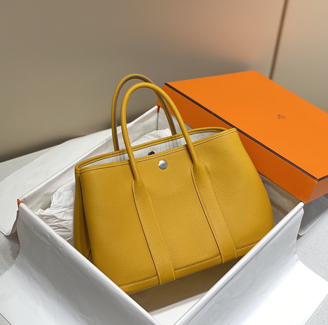 Hermes Garden Party 30cm Tote Handbag In Yellow Amber Clemence Leather